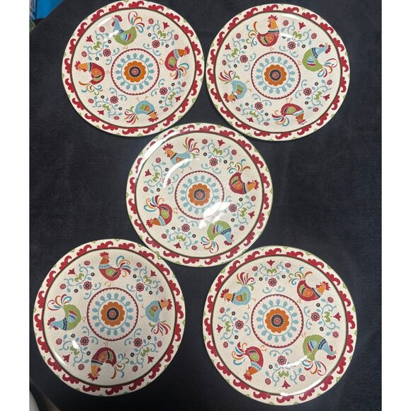222 Fifth Suzanni Rooster Dinner Plates Set Of 5 Hand Painted Porcelain - Picture 2 of 9